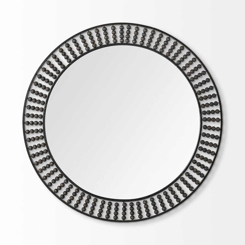 Claiborne 42" Round Black Metal Frame MirrorWood Beads