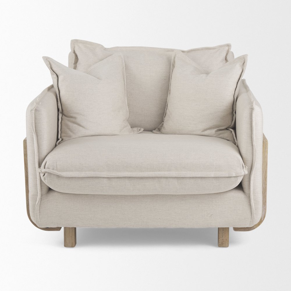 Roy Beige Upholstered and Brown Wood Frame Arm Chair