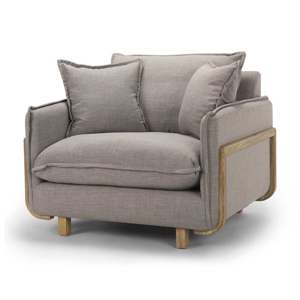 Roy Flint Gray Upholstered and Brown Wood Frame Arm Chair