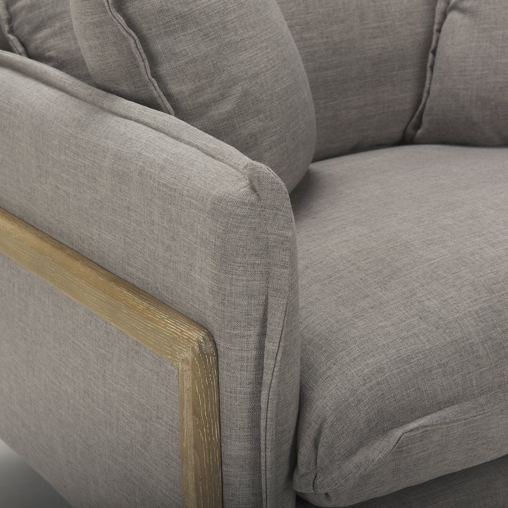 Roy Flint Gray Upholstered and Brown Wood Frame Arm Chair