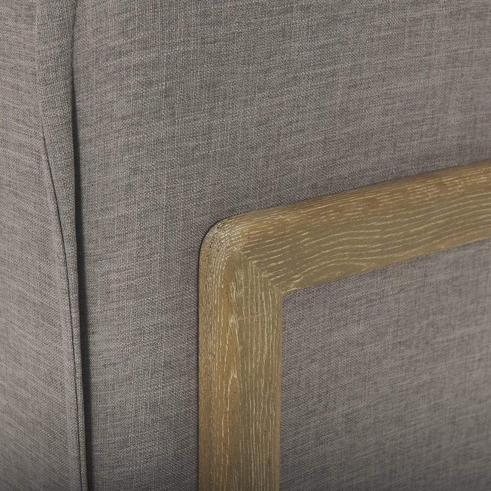 Roy Flint Gray Upholstered and Brown Wood Frame Arm Chair