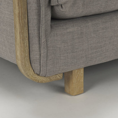 Roy Flint Gray Upholstered and Brown Wood Frame Arm Chair
