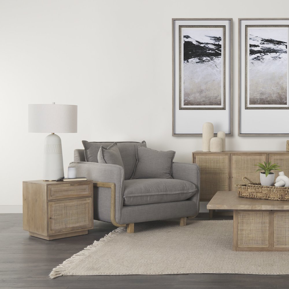 Roy Flint Gray Upholstered and Brown Wood Frame Arm Chair