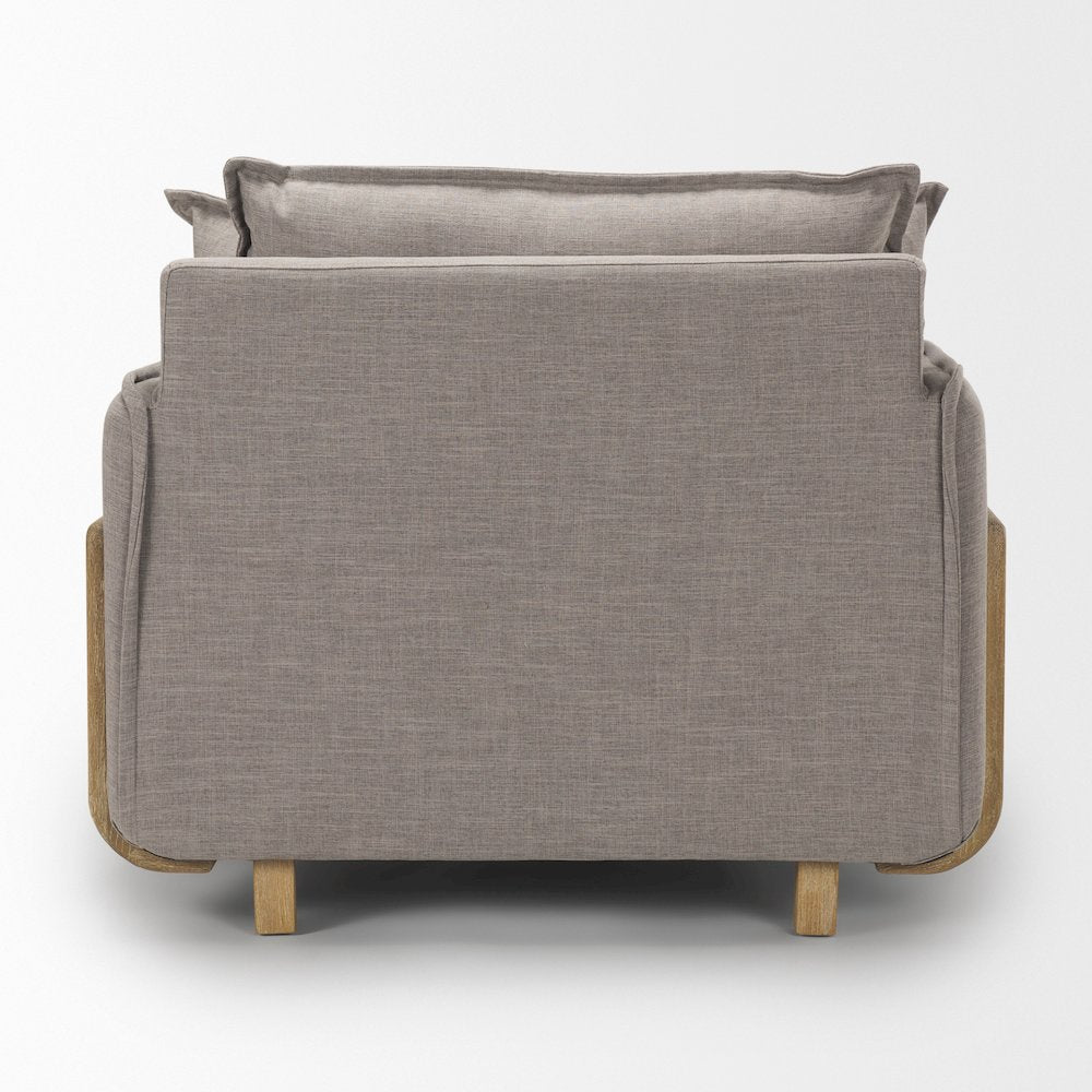 Roy Flint Gray Upholstered and Brown Wood Frame Arm Chair