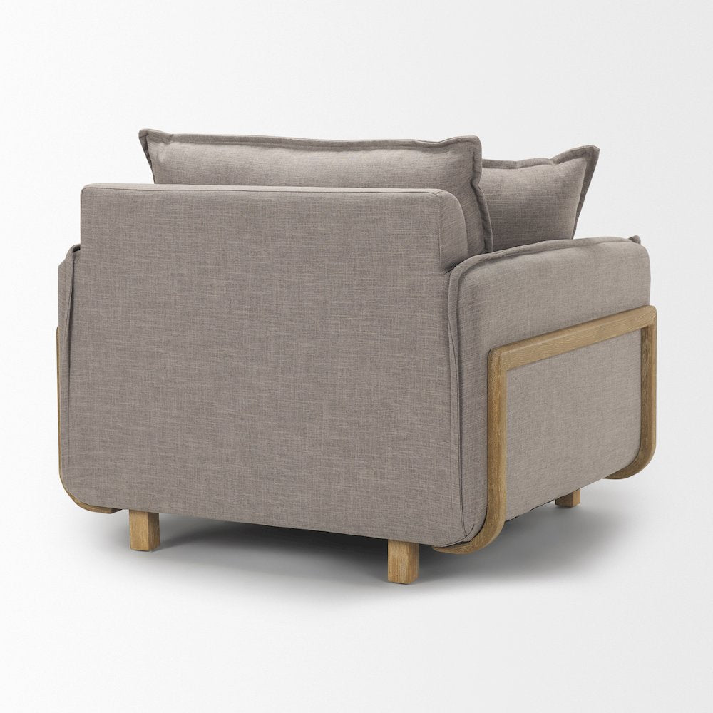 Roy Flint Gray Upholstered and Brown Wood Frame Arm Chair