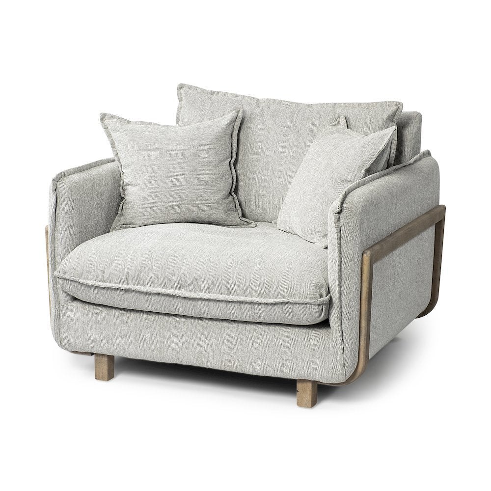 Roy Frost Gray Upholstered and Brown Wood Frame Arm Chair