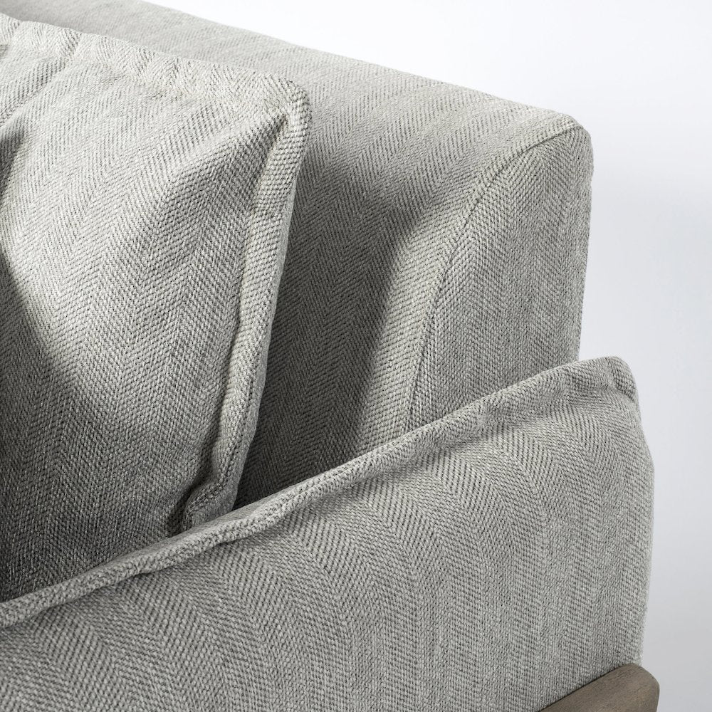 Roy Frost Gray Upholstered and Brown Wood Frame Arm Chair