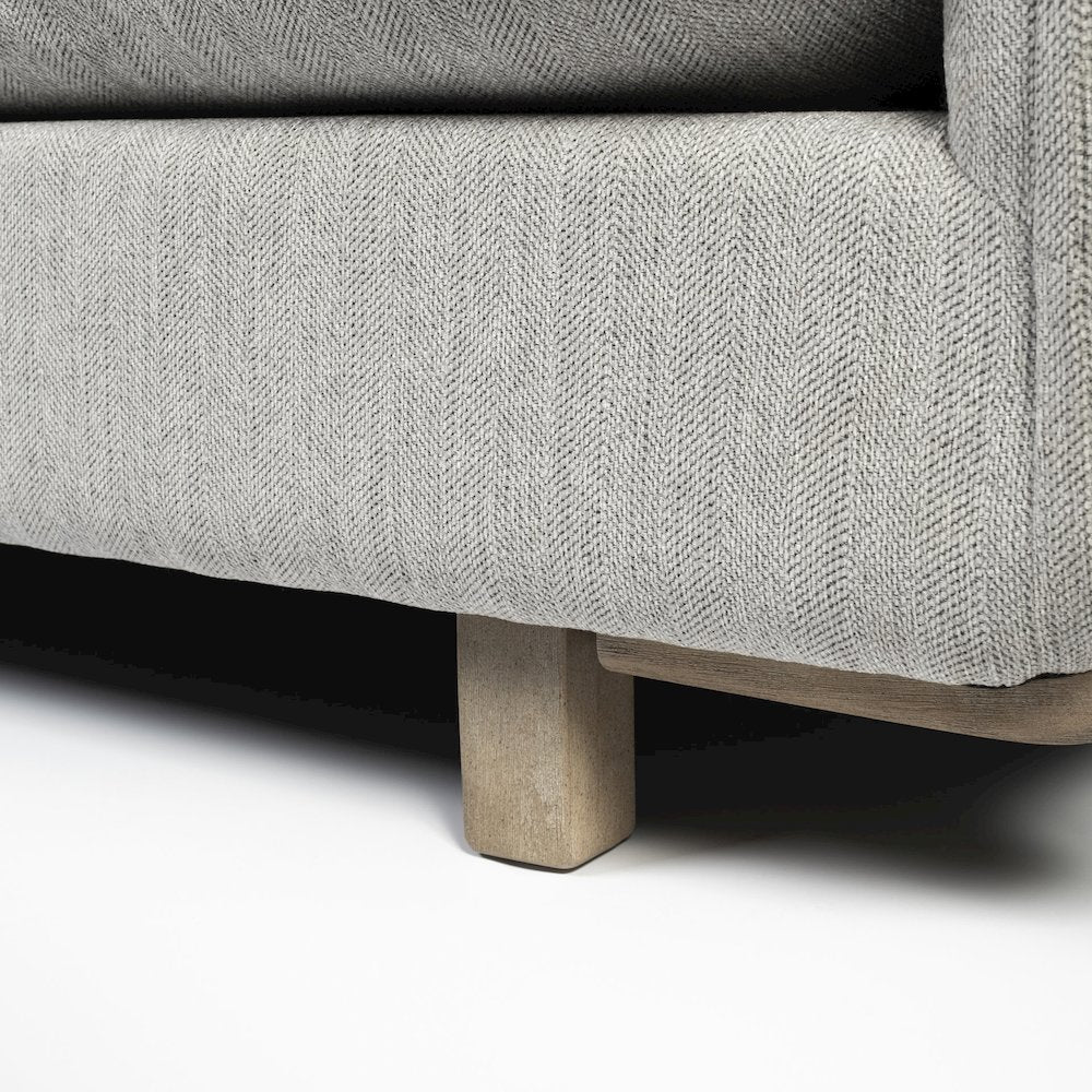 Roy Frost Gray Upholstered and Brown Wood Frame Arm Chair
