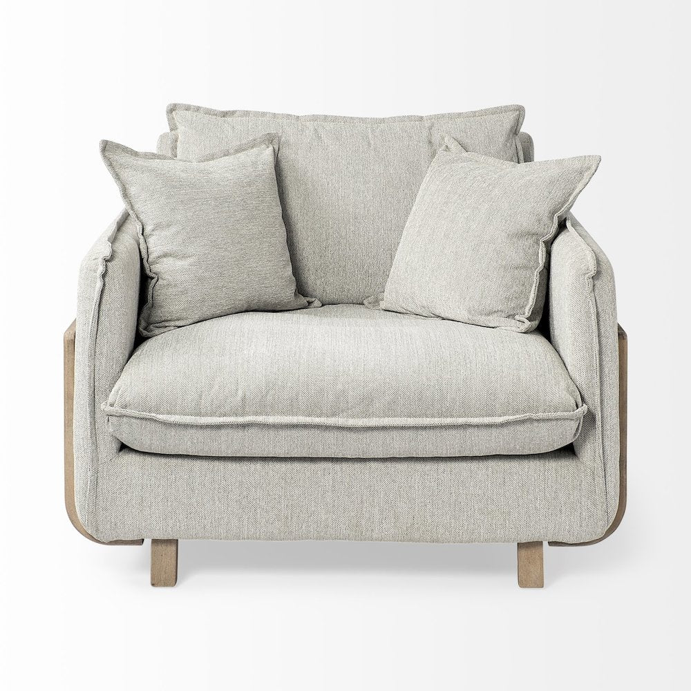 Roy Frost Gray Upholstered and Brown Wood Frame Arm Chair