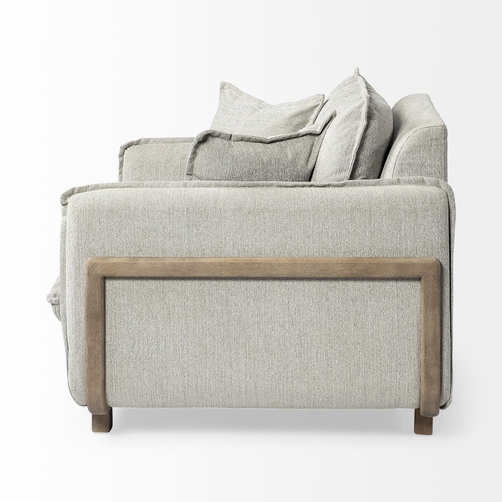 Roy Frost Gray Upholstered and Brown Wood Frame Arm Chair