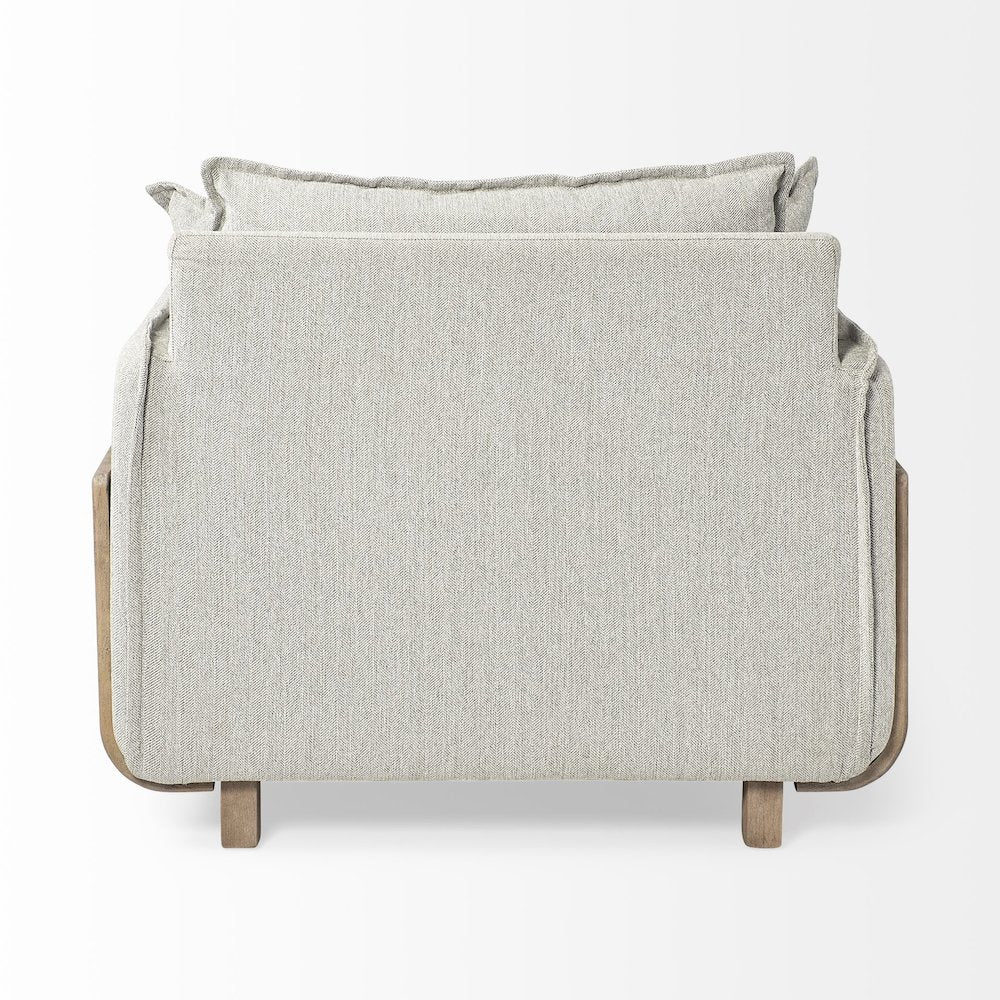 Roy Frost Gray Upholstered and Brown Wood Frame Arm Chair