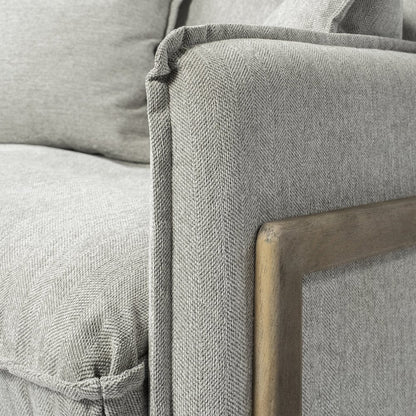 Roy Frost Gray Upholstered and Brown Wood Frame Arm Chair