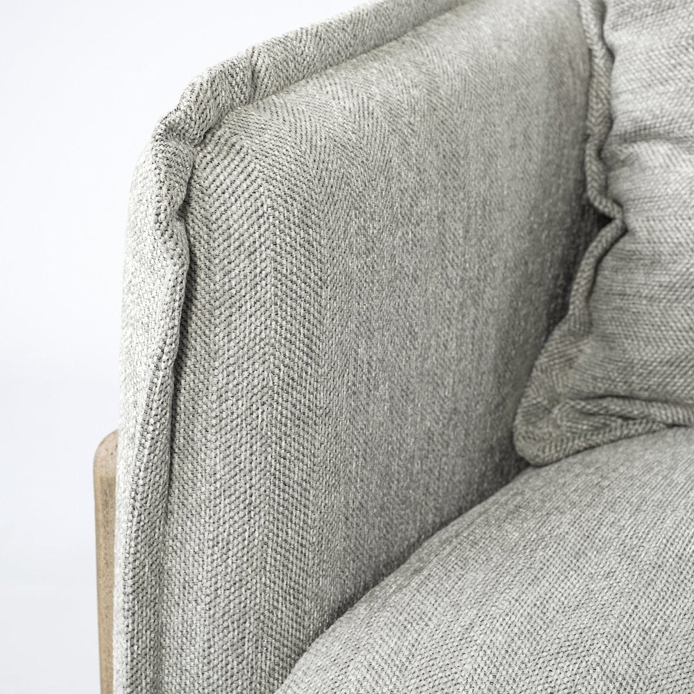 Roy Frost Gray Upholstered and Brown Wood Frame Arm Chair