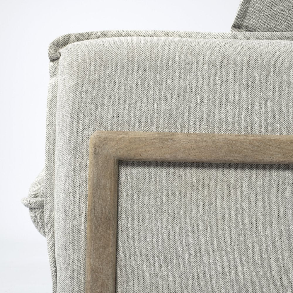 Roy Frost Gray Upholstered and Brown Wood Frame Arm Chair