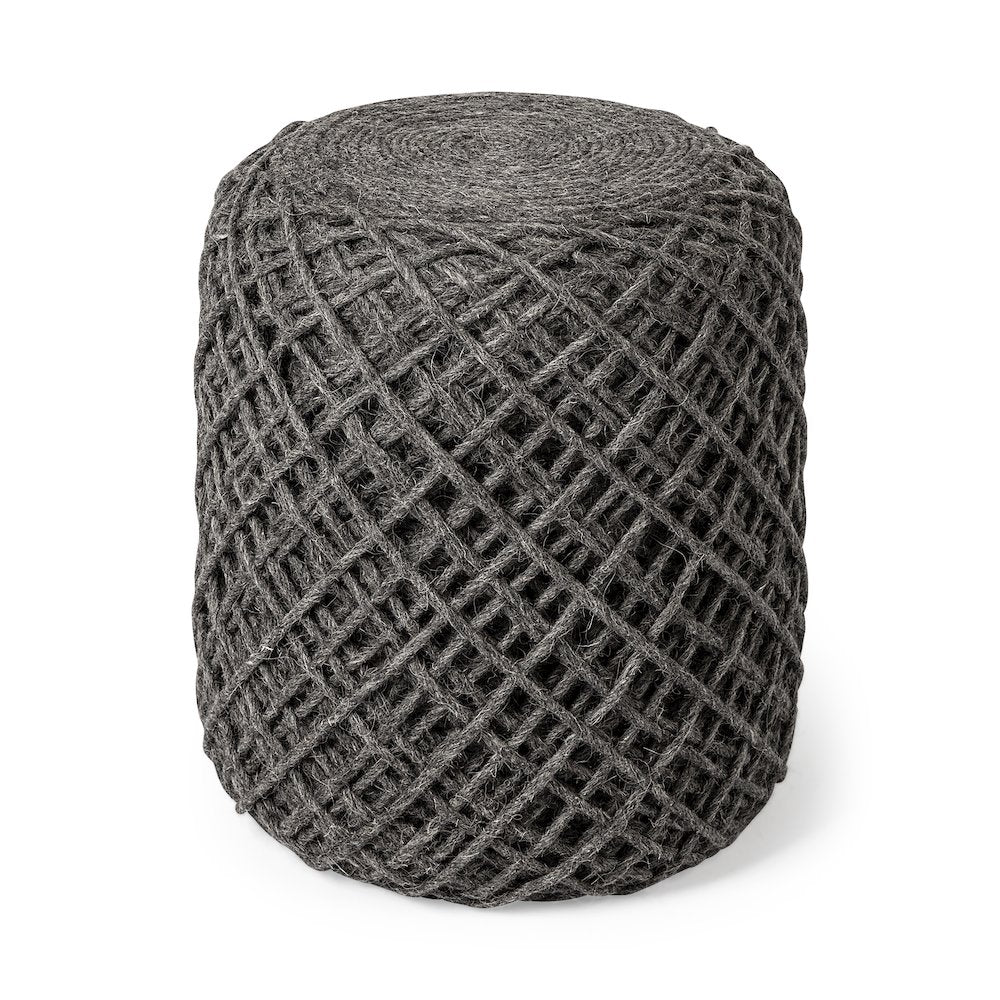 Allium Dark Gray Handwoven Wool Cylindrical Pouf