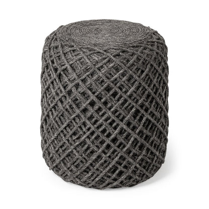 Allium Dark Gray Handwoven Wool Cylindrical Pouf