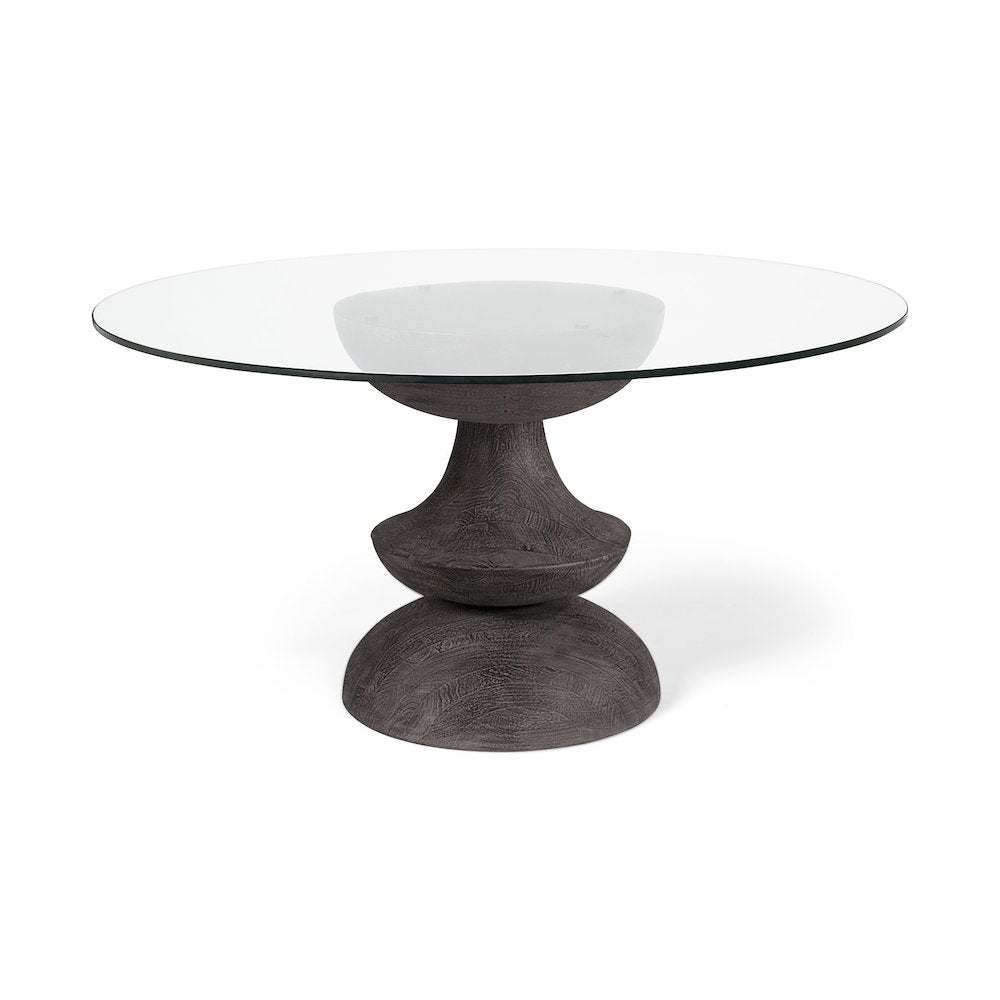 60L X 60W X 30H Dark Brown/Gray Solid Wood Base Round Glass Top Dining Table