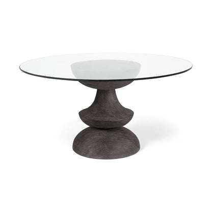 60L X 60W X 30H Dark Brown/Gray Solid Wood Base Round Glass Top Dining Table