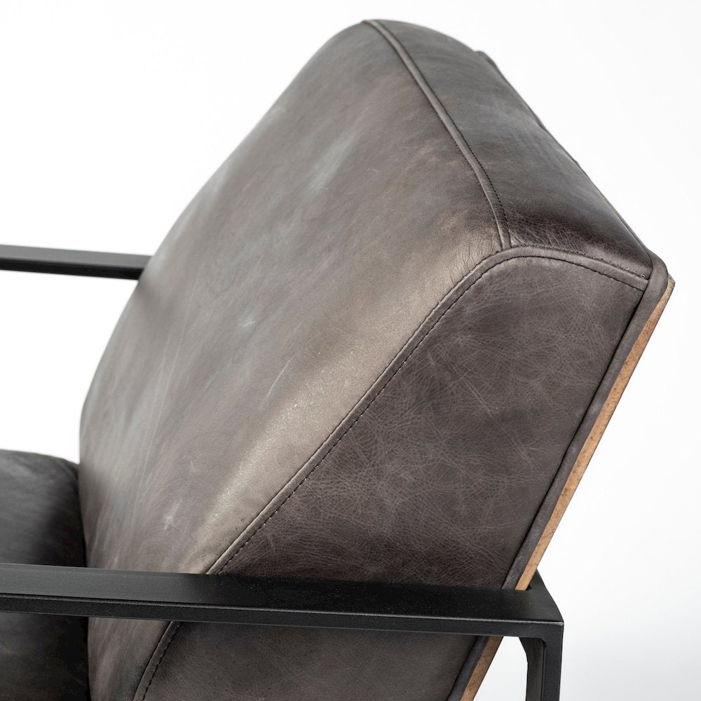 Black Genuine Leather Seat Wood Back, Metal Frame Accent Chair