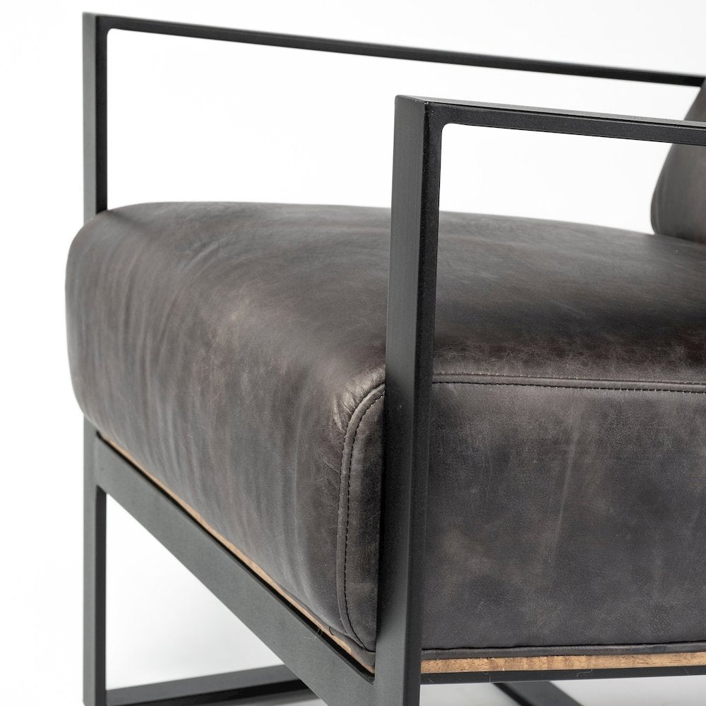 Black Genuine Leather Seat Wood Back, Metal Frame Accent Chair