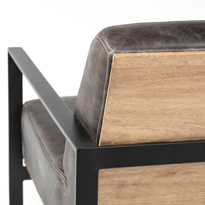 Black Genuine Leather Seat Wood Back, Metal Frame Accent Chair