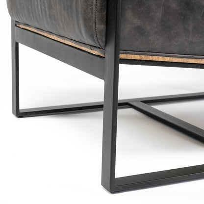 Black Genuine Leather Seat Wood Back, Metal Frame Accent Chair
