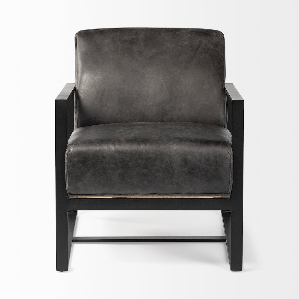 Black Genuine Leather Seat Wood Back, Metal Frame Accent Chair