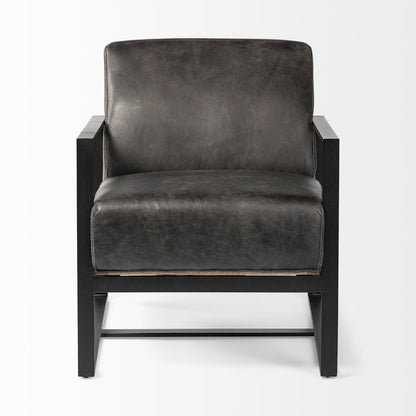 Black Genuine Leather Seat Wood Back, Metal Frame Accent Chair