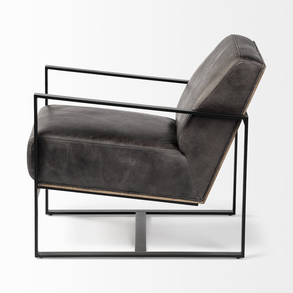 Black Genuine Leather Seat Wood Back, Metal Frame Accent Chair