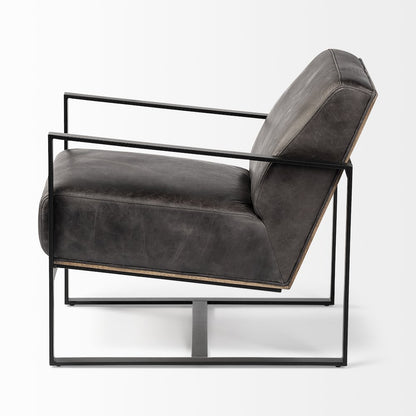 Black Genuine Leather Seat Wood Back, Metal Frame Accent Chair