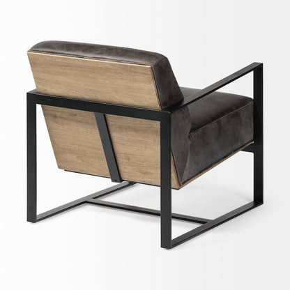 Black Genuine Leather Seat Wood Back, Metal Frame Accent Chair
