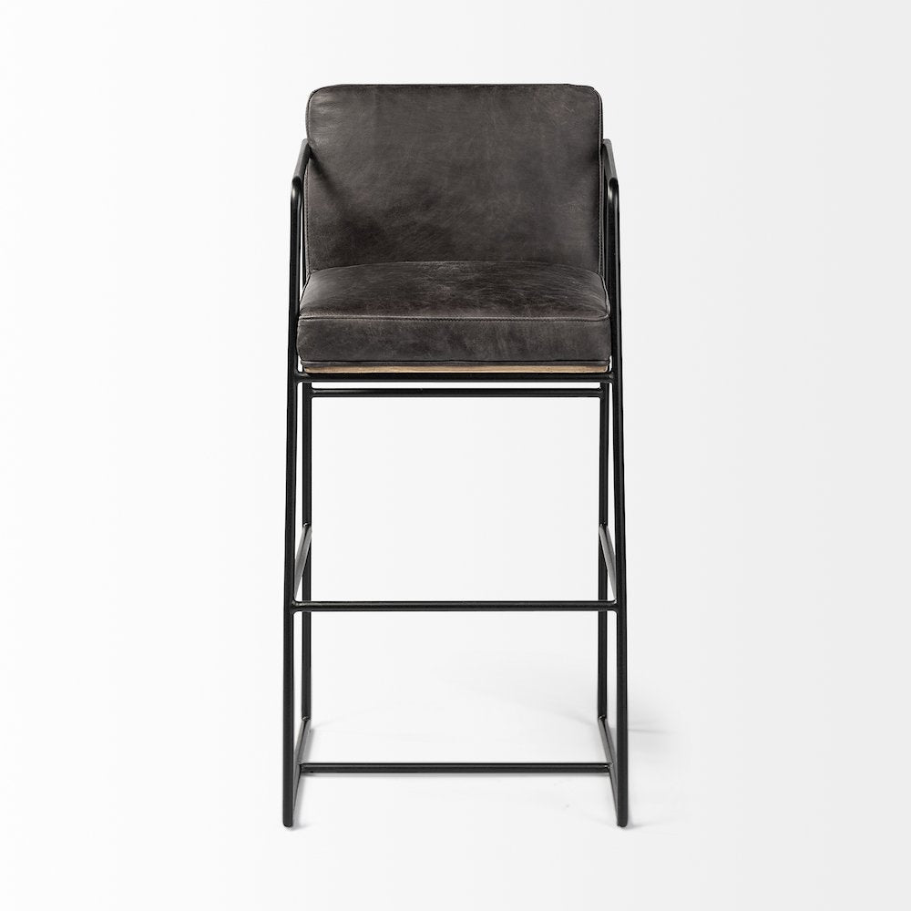 40" Total Height Black Leather Seat Wood Back, Metal Frame Bar Stool