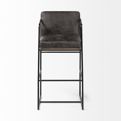 40" Total Height Black Leather Seat Wood Back, Metal Frame Bar Stool