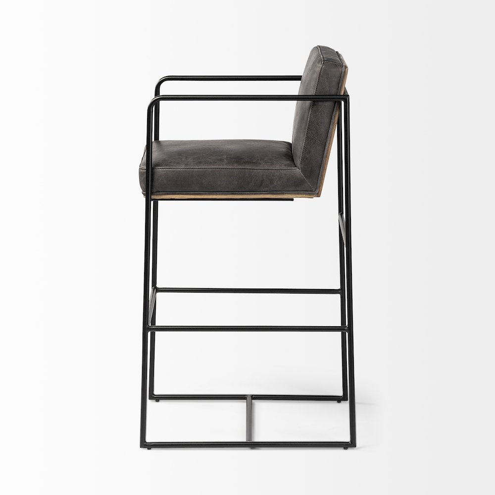 40" Total Height Black Leather Seat Wood Back, Metal Frame Bar Stool