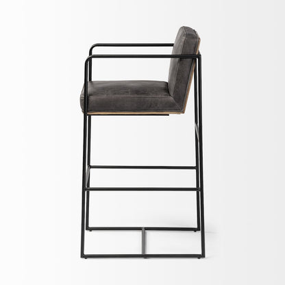 40" Total Height Black Leather Seat Wood Back, Metal Frame Bar Stool