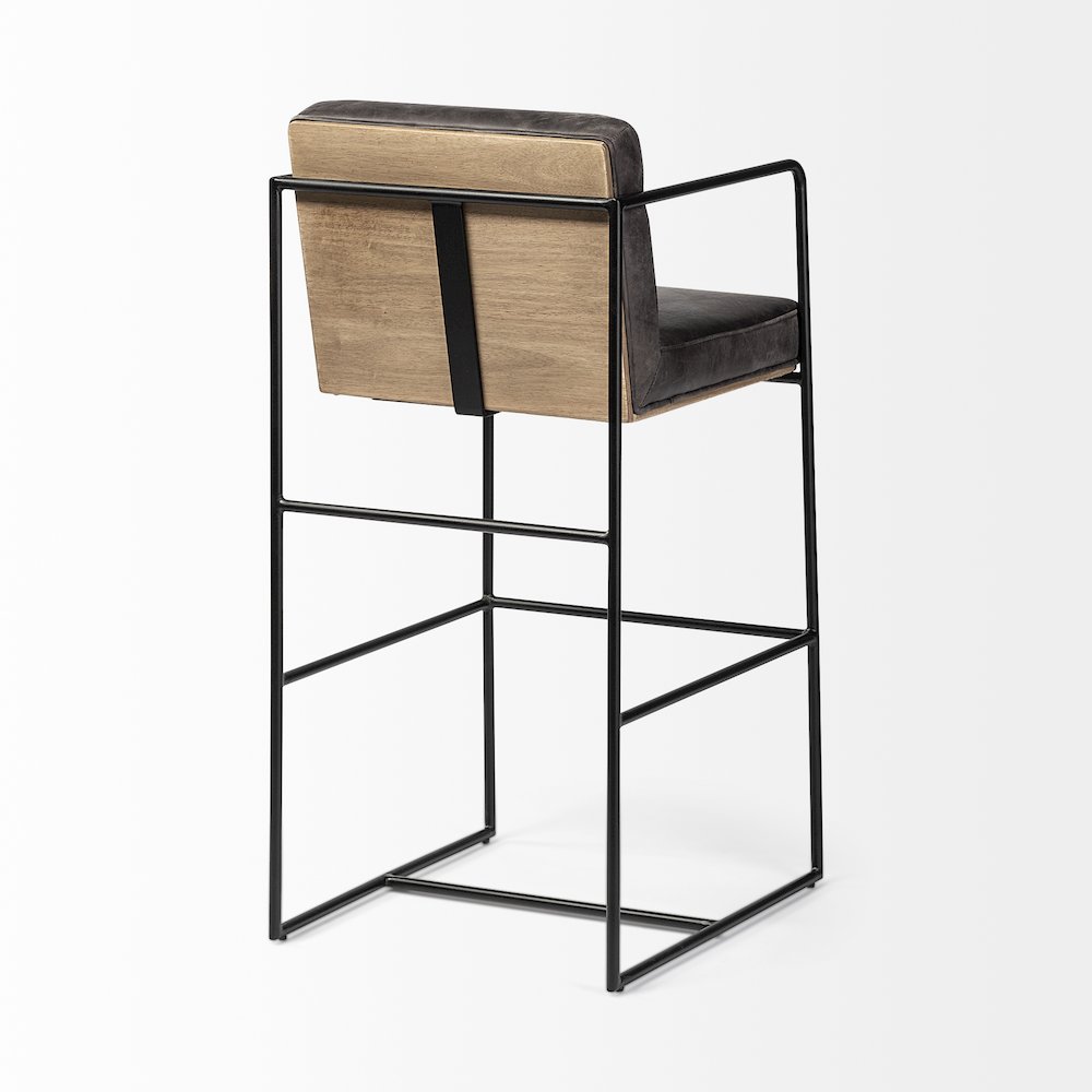 40" Total Height Black Leather Seat Wood Back, Metal Frame Bar Stool