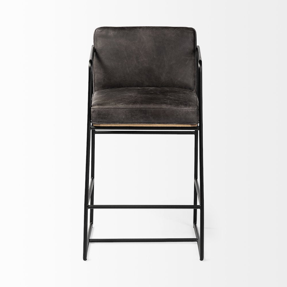 36" Total Height Black Leather Seat Wood Back, Metal Frame Counter Stool