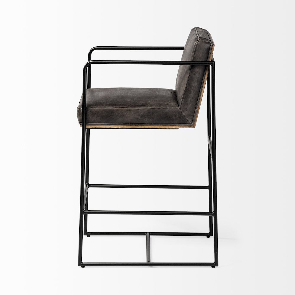 36" Total Height Black Leather Seat Wood Back, Metal Frame Counter Stool