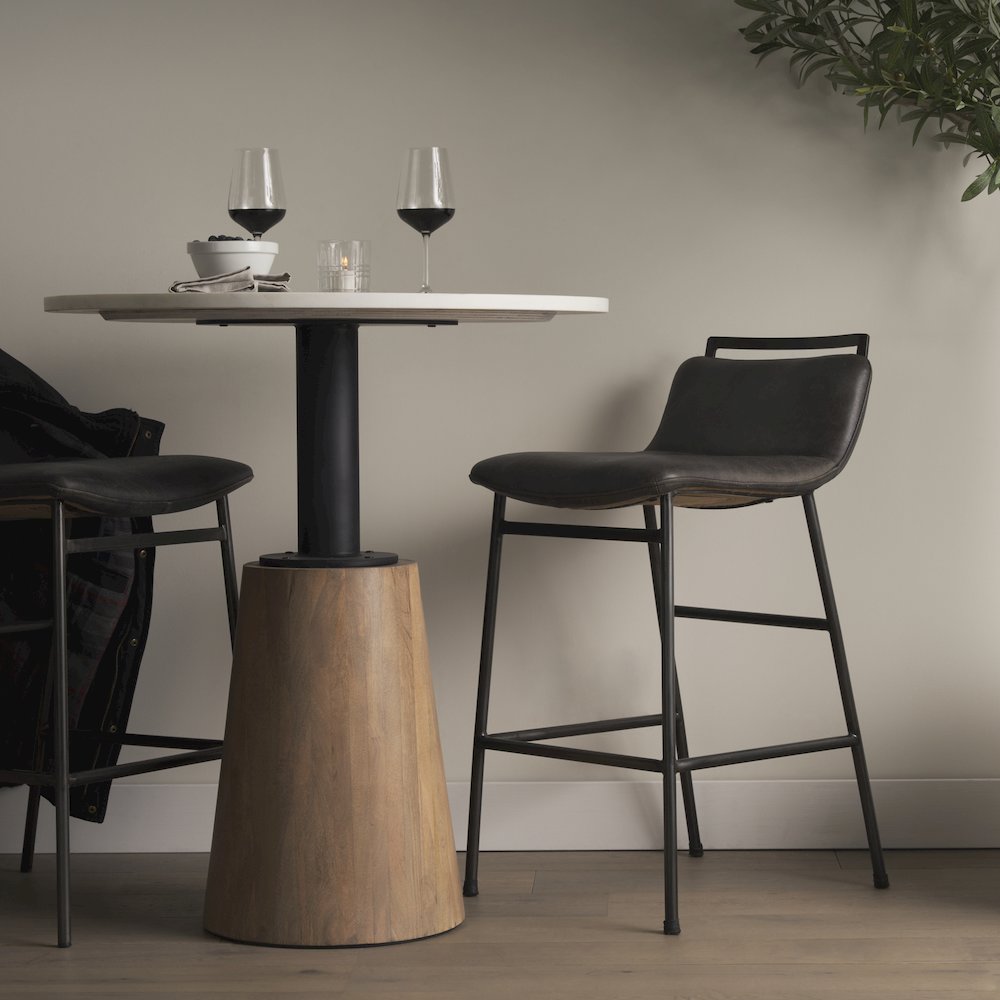 33.5" Total Height Ebony Leather Seat Black Metal Frame Counter Stool