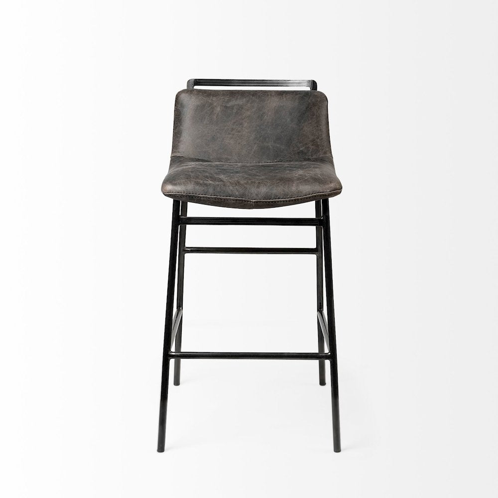 33.5" Total Height Ebony Leather Seat Black Metal Frame Counter Stool