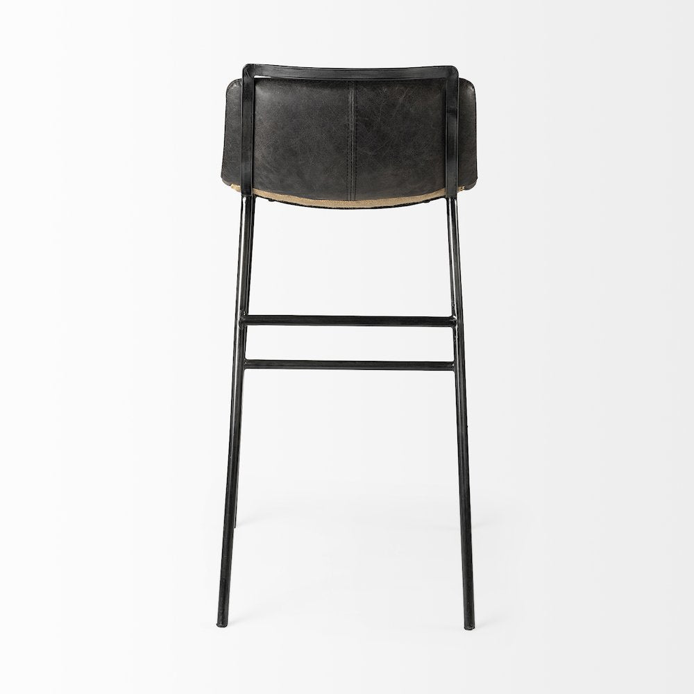 37.5" Total Height Ebony Leather Seat Black Metal Frame Bar Stool