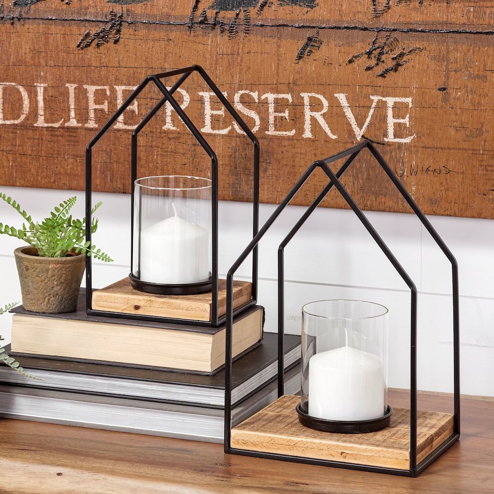 Leopold Set of Two Black Metal Wooden Base Table Candle Holders