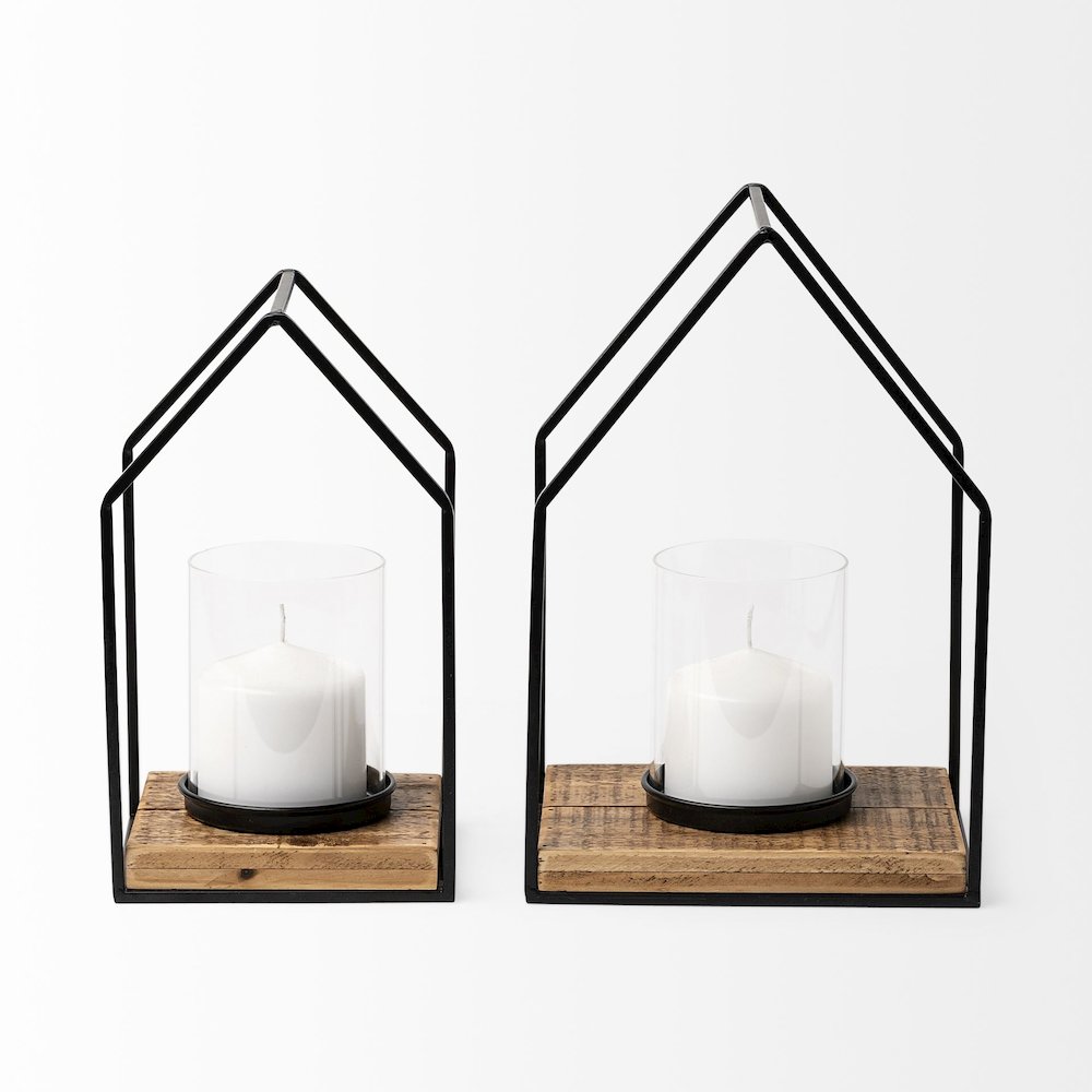 Leopold Set of Two Black Metal Wooden Base Table Candle Holders