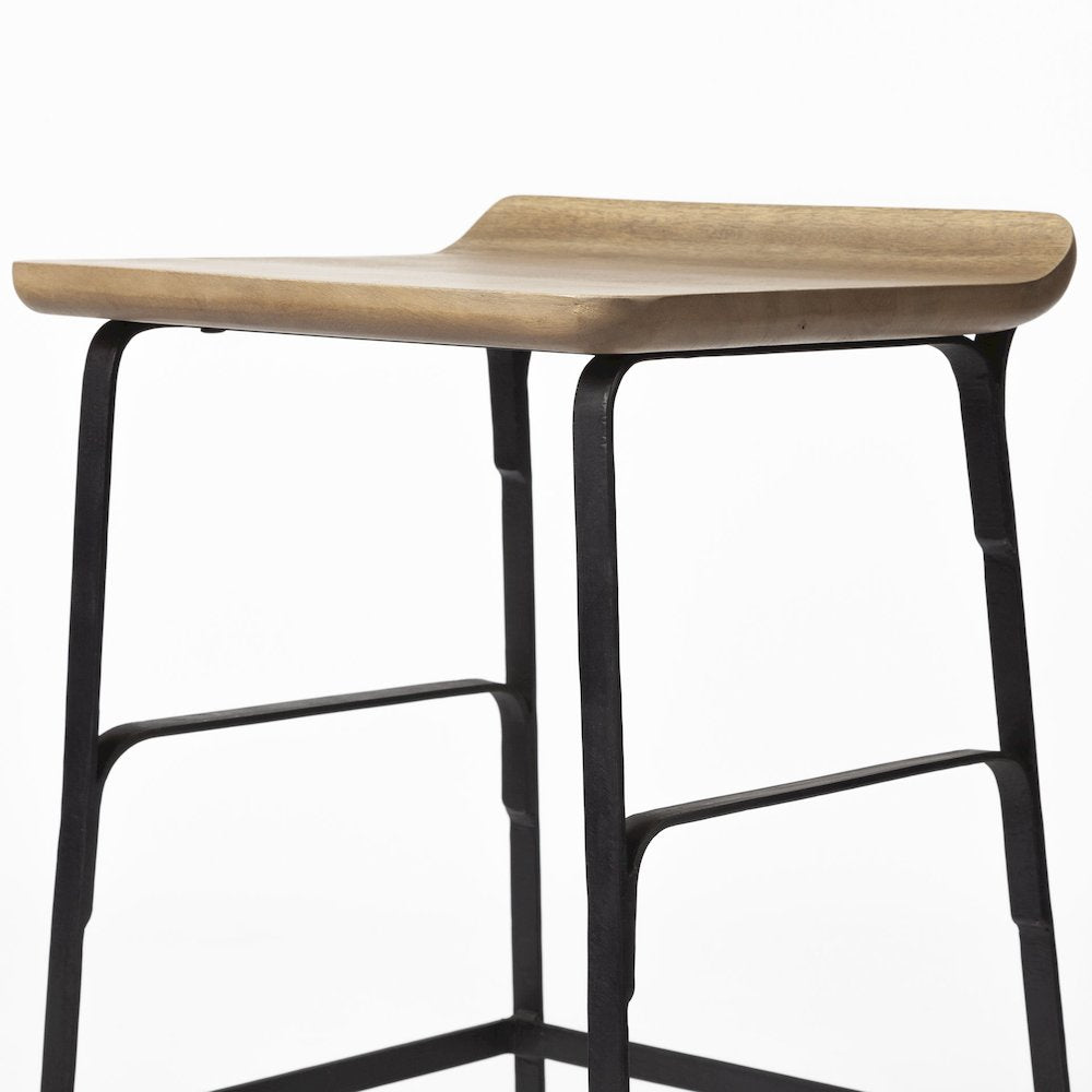 25" Seat Height Brown Wood Seat Black Metal Frame Counter Stool