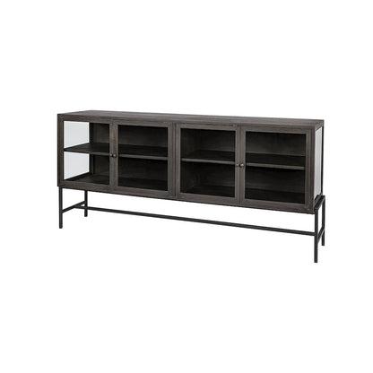 Arelius 70x18 Black-Brown Wood, Black Metal Base 4 Glass Cabinet Doors Sideboard
