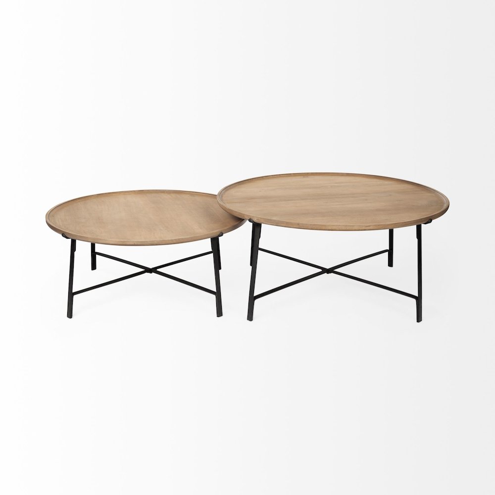 (Set Of 2) Brown Solid Wood Top Black Metal Base Nesting Coffee Tables