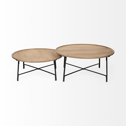 (Set Of 2) Brown Solid Wood Top Black Metal Base Nesting Coffee Tables