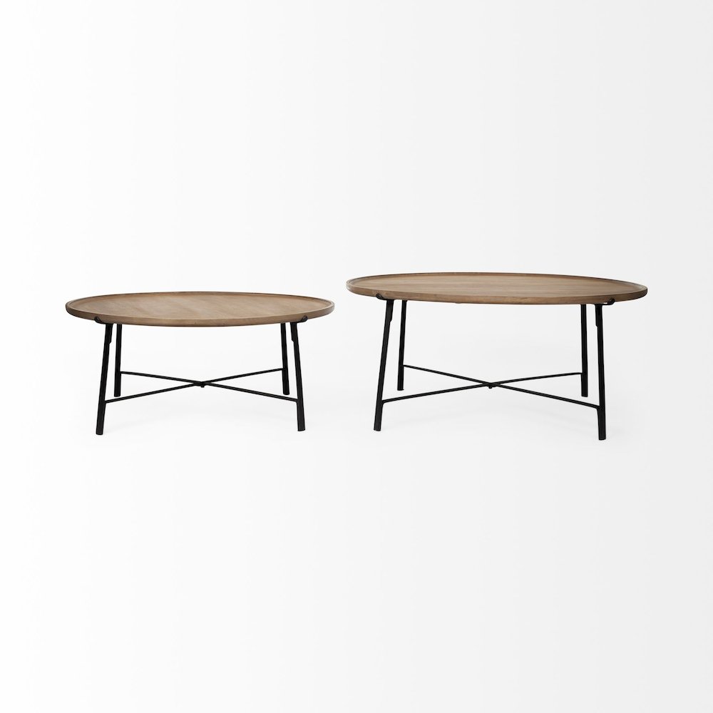 (Set Of 2) Brown Solid Wood Top Black Metal Base Nesting Coffee Tables