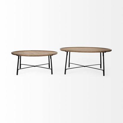 (Set Of 2) Brown Solid Wood Top Black Metal Base Nesting Coffee Tables