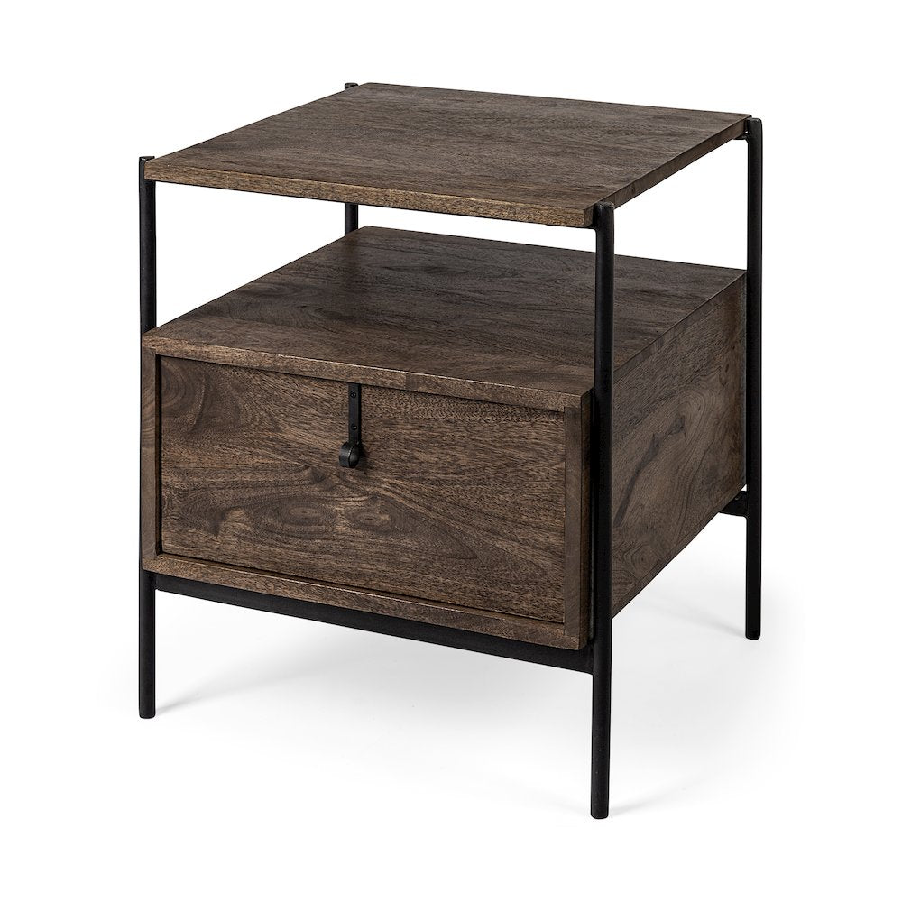 Glenn 20L x 21W x 24H Dark Brown Wood Black Iron Frame Square End/Side Table